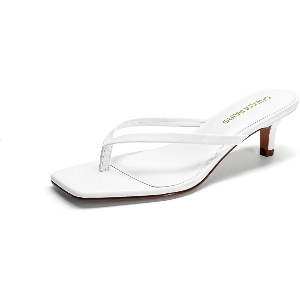 Dream Pairs Women White Faux Leather  Square Open Toe  Low Heels Sandals Shoes